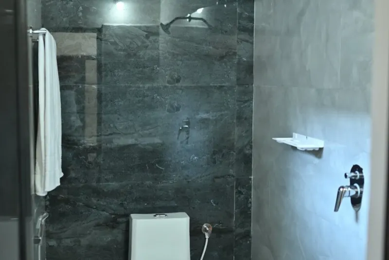 Bathroom with dark stone-look tiles, a shower and a western toilet